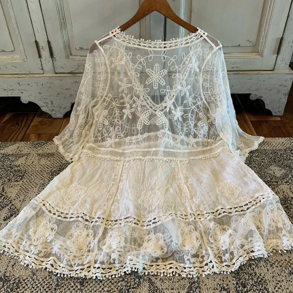 New White Lace Crochet Boho Folk Tunic Blouse Top Cover-Up Womens - Picture 4 of 6
